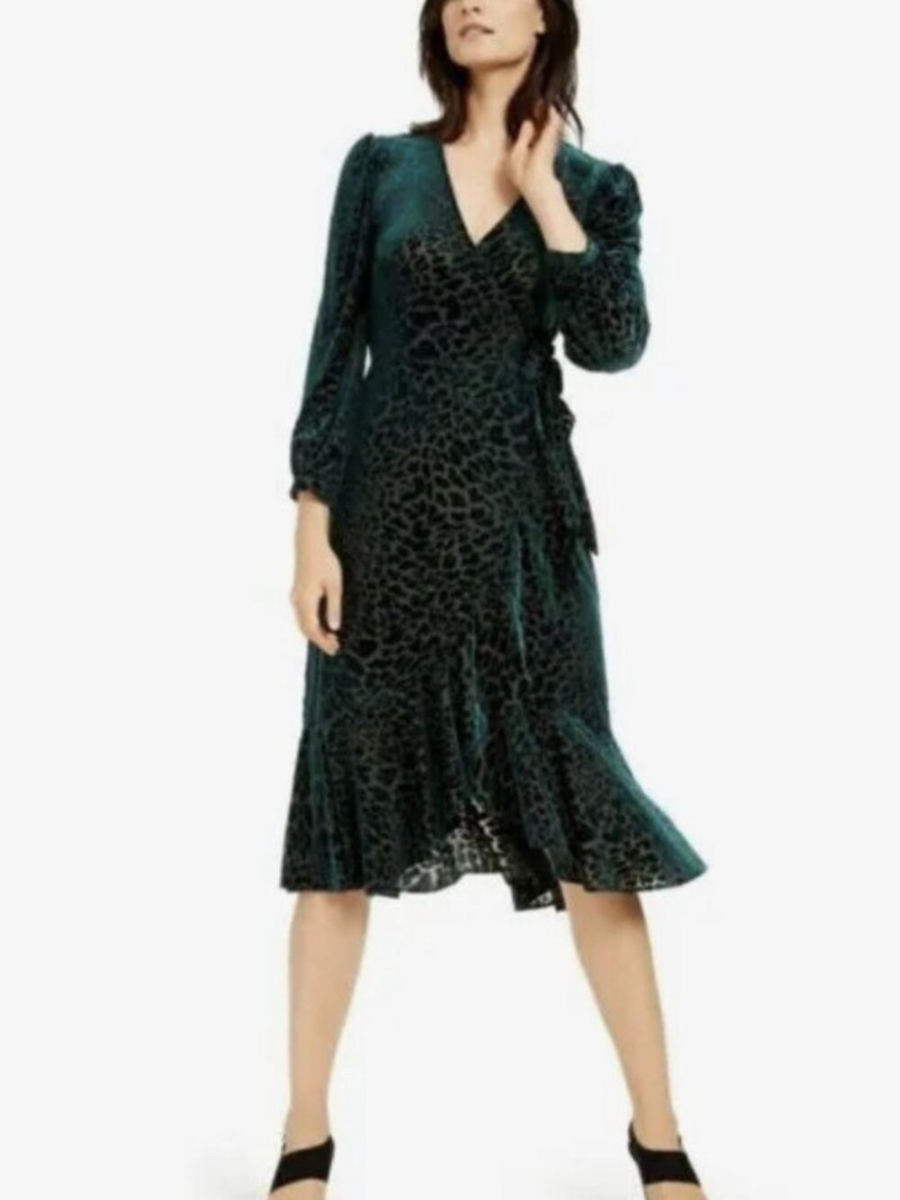 Calvin Klein Emerald Green Velvet Animal-Print Wrap Midi Dress